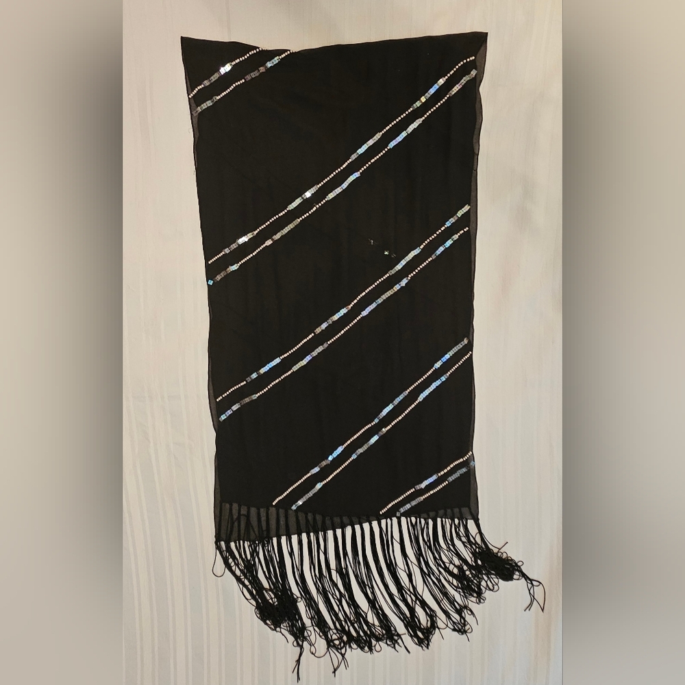 Shawl Scarf - Black Beaded Polyester 12" Fringe - 19x68"